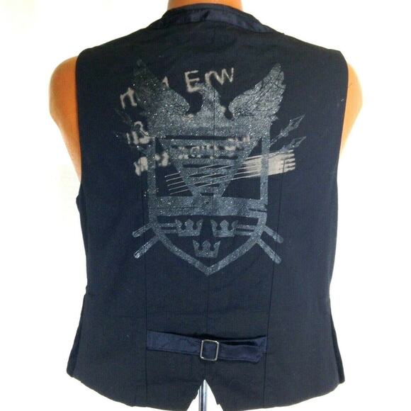 Vintage 90s Guess Vest Mens Medium Black Crushed Velvet 5 button Graphic Back - Picture 1 of 10